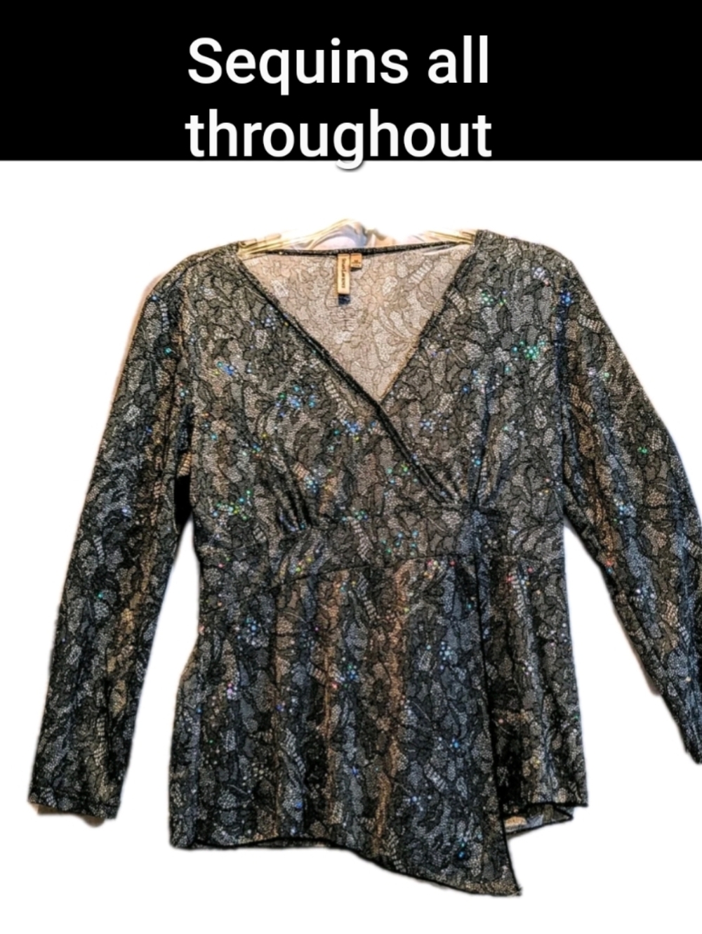 Susan Lawrence Babydoll Top M Black White Wrap VNeck Empire Waist Sequins Tunic